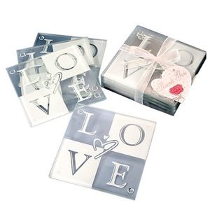LOVE Glass Coasters Set of 4 Valentine's Day Bridal Shower Favor Tempered NEW